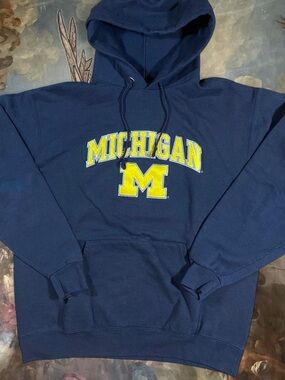 Champion Navy Blue Hoodie with Yellow Michigan Logo